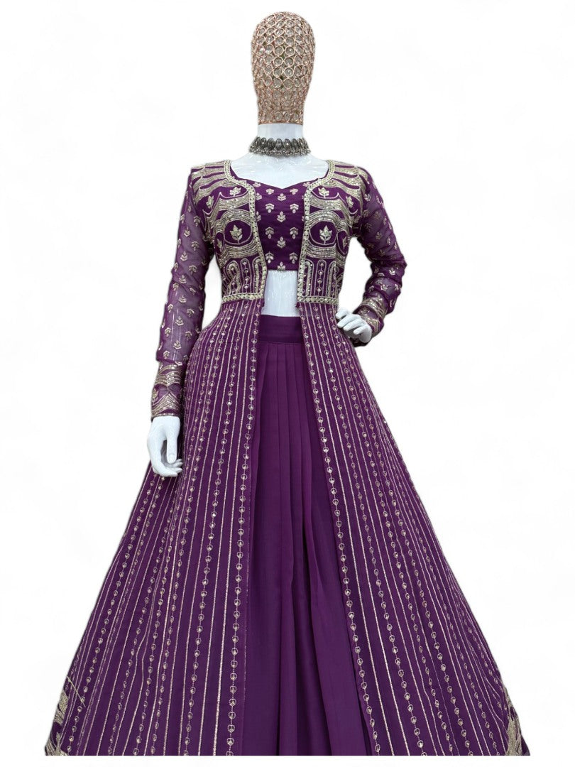 Purple heavy work designer indowestern lehenga choli with shrug