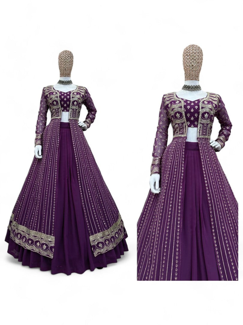 Purple heavy work designer indowestern lehenga choli with shrug