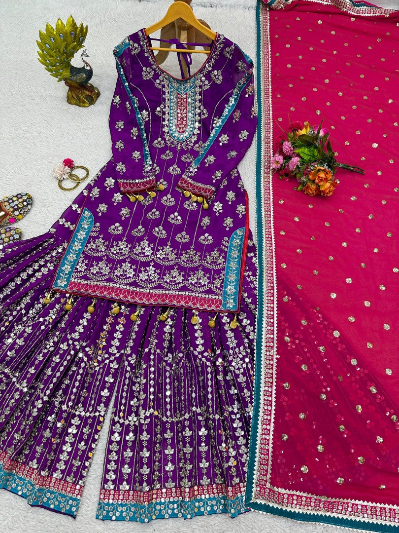 Purple heavy work designer wedding sharara suit