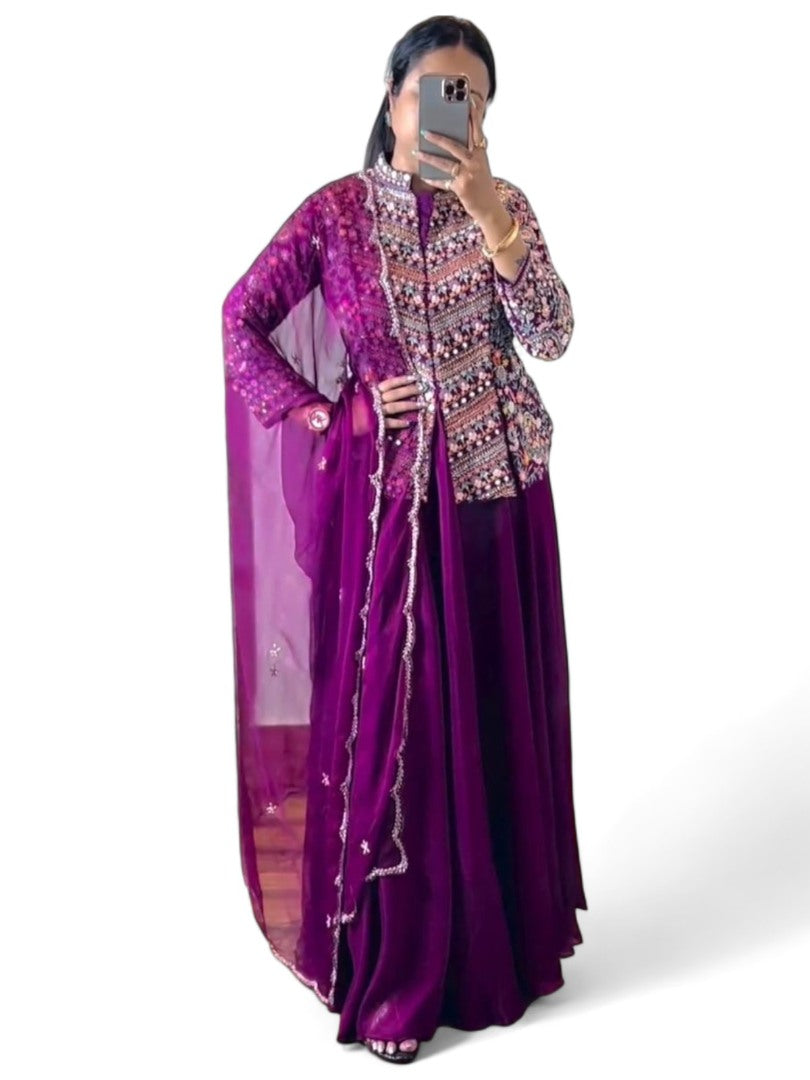 Purple lehenga with long heavy work choli