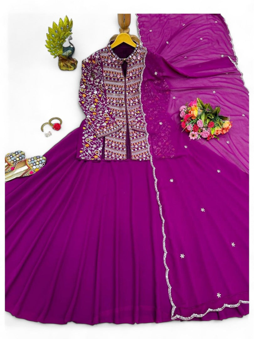 Purple lehenga with long heavy work choli