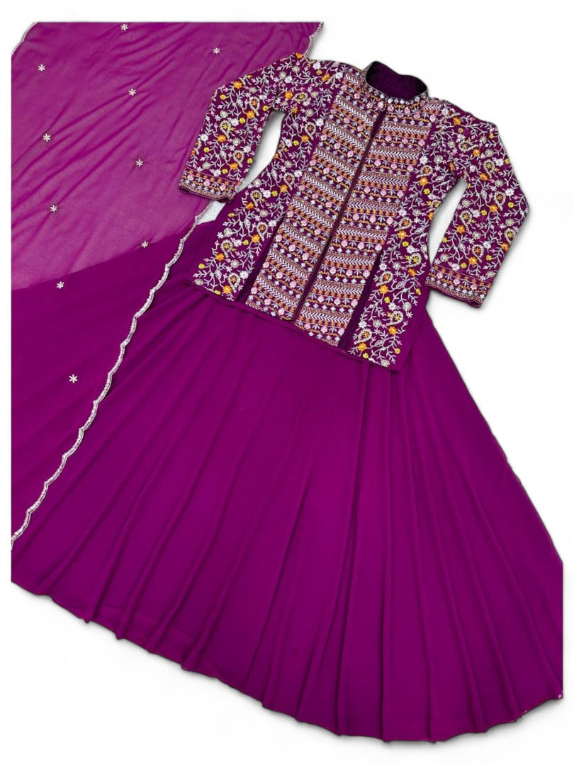 Purple lehenga with long heavy work choli