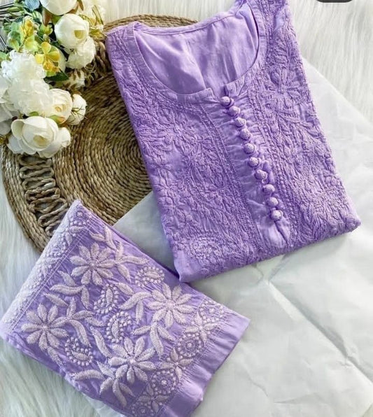 Purple muslin thread work pantsuit