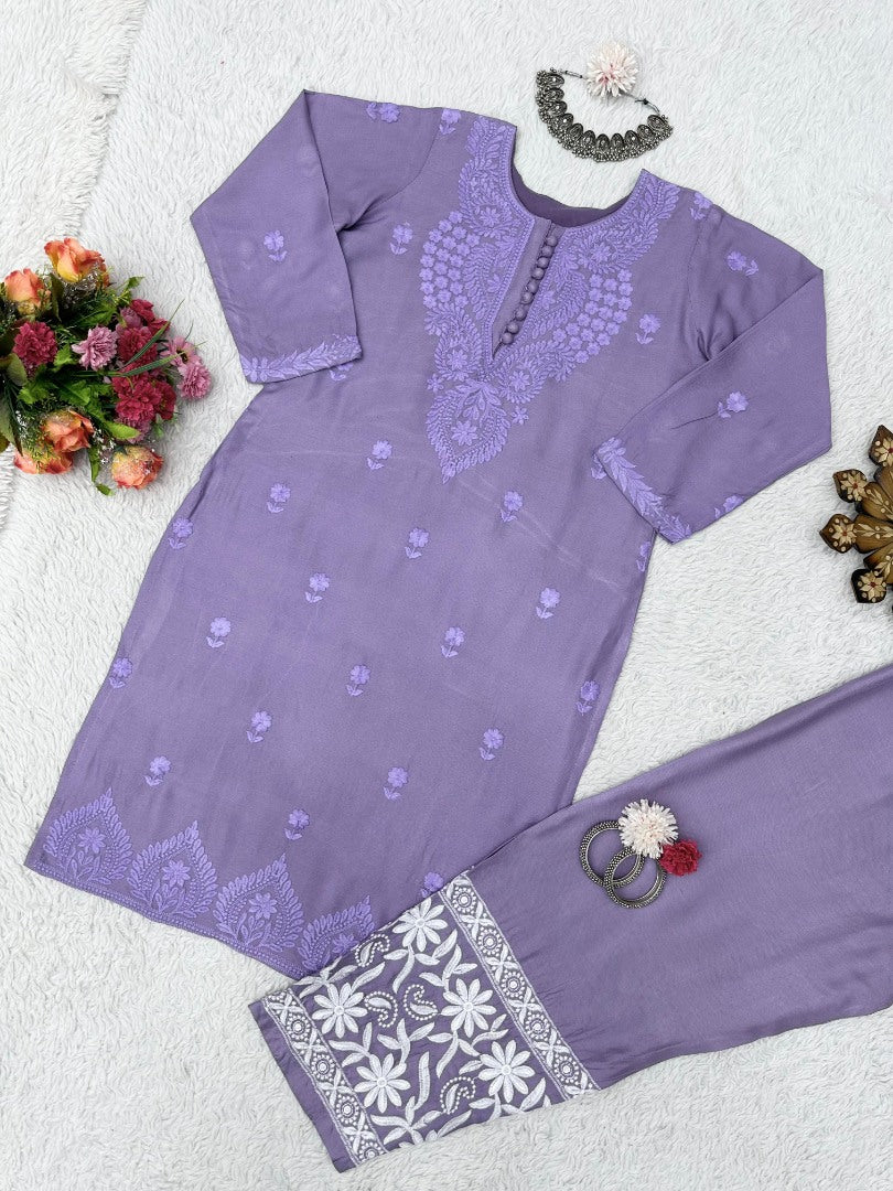 Purple muslin thread work pantsuit