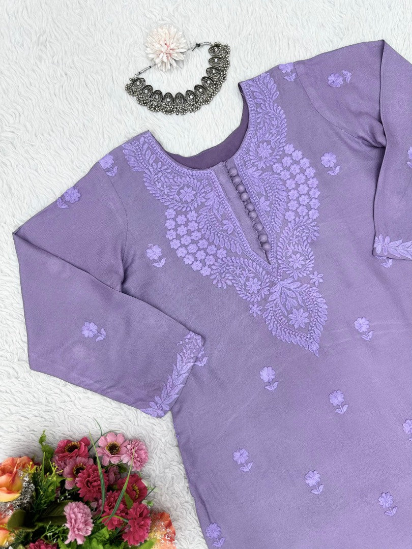 Purple muslin thread work pantsuit