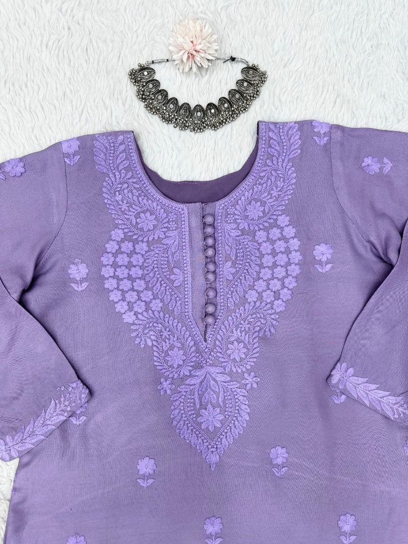 Purple muslin thread work pantsuit