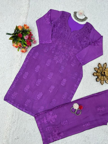 Purple rayon chain stitch work palazzo kurti