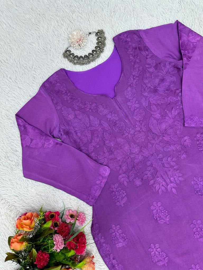 Purple rayon chain stitch work palazzo kurti