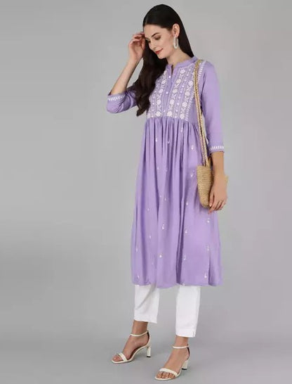 Purple rayon chikankari work short kurti