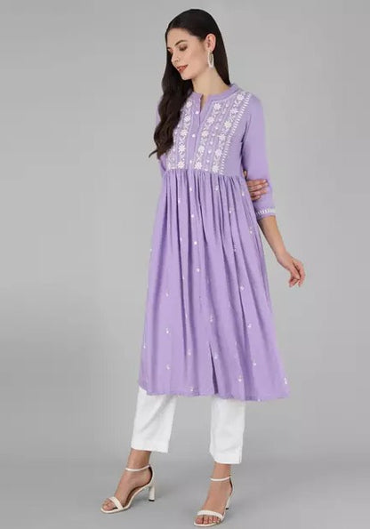 Purple rayon chikankari work short kurti