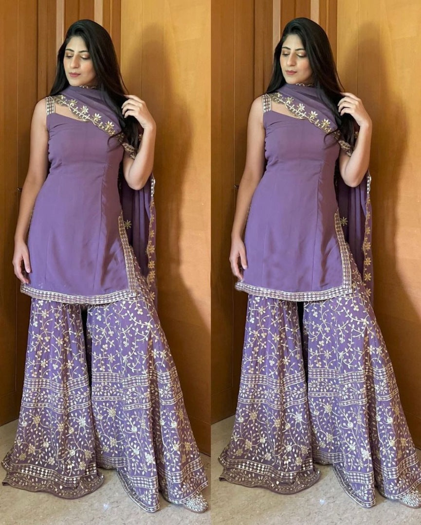 Purple sequence embroidery work designer palazzo suit