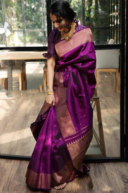 Purple soft lichi silk jacquard weaving work ceremonial saree