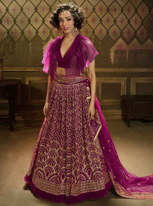 Purple soft net sequence work bridal lehenga choli