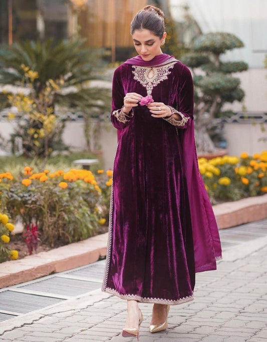 Purple velvet embroidered party wear salwar suit