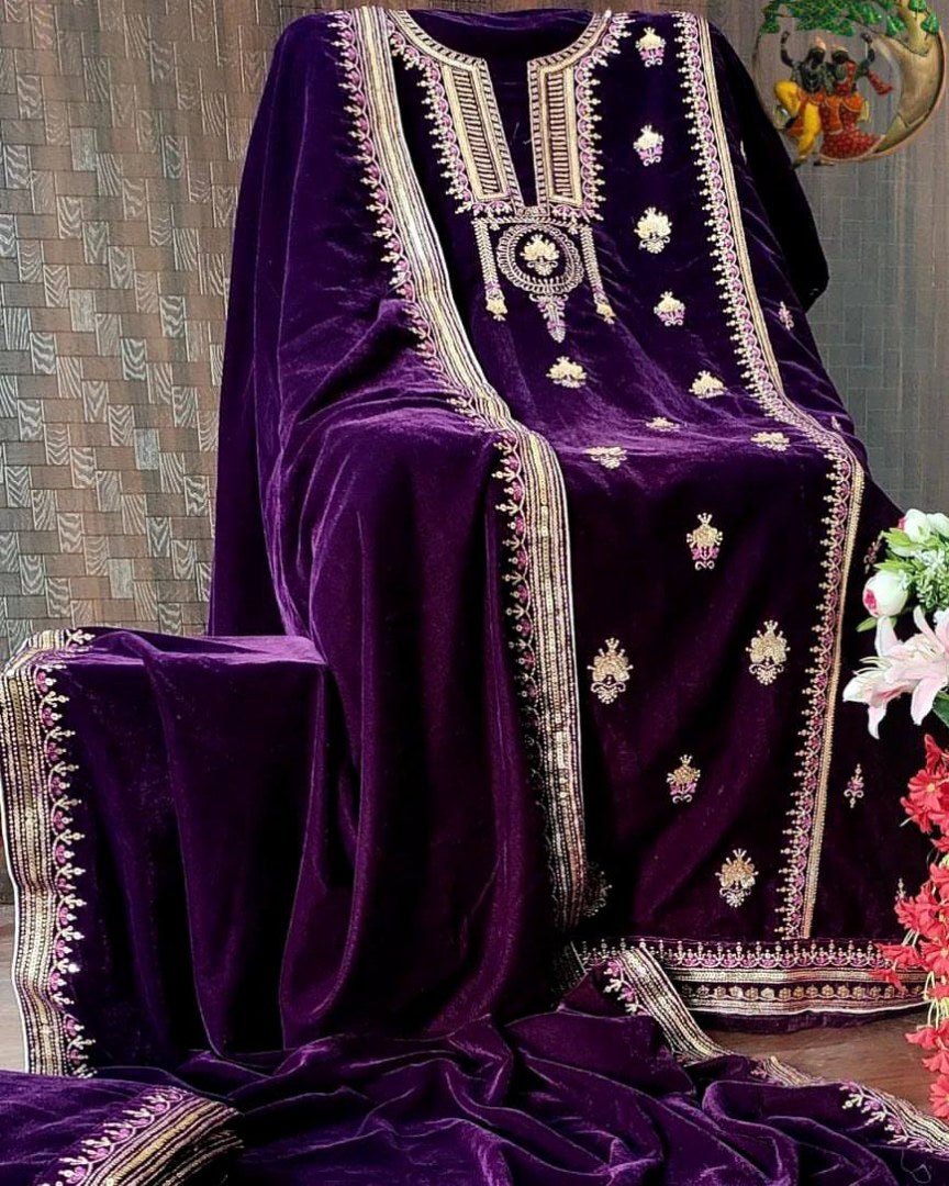 Purple velvet embroidered wedding plazzo suit