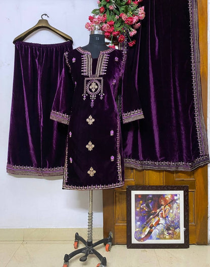 Purple velvet embroidered wedding plazzo suit