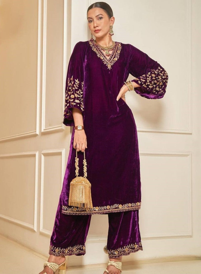 Purple velvet embroidery worked plazzo suit