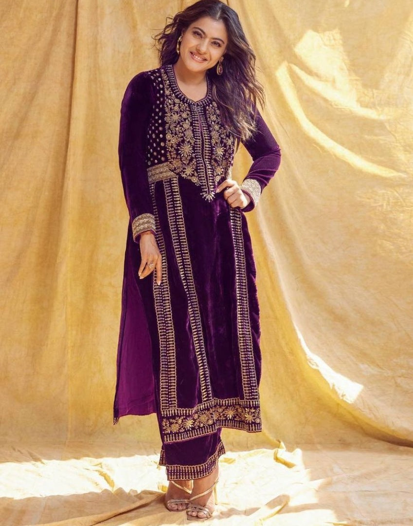 Purple velvet embroidery worked plazzo suit