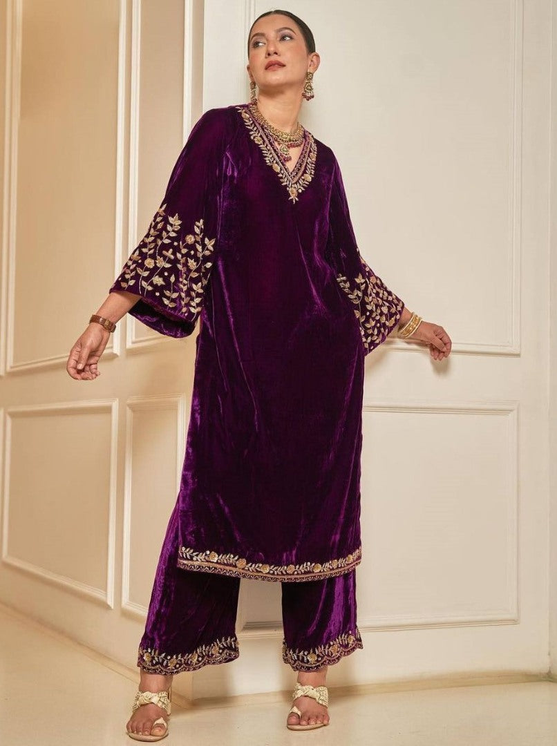 Purple velvet embroidery worked plazzo suit