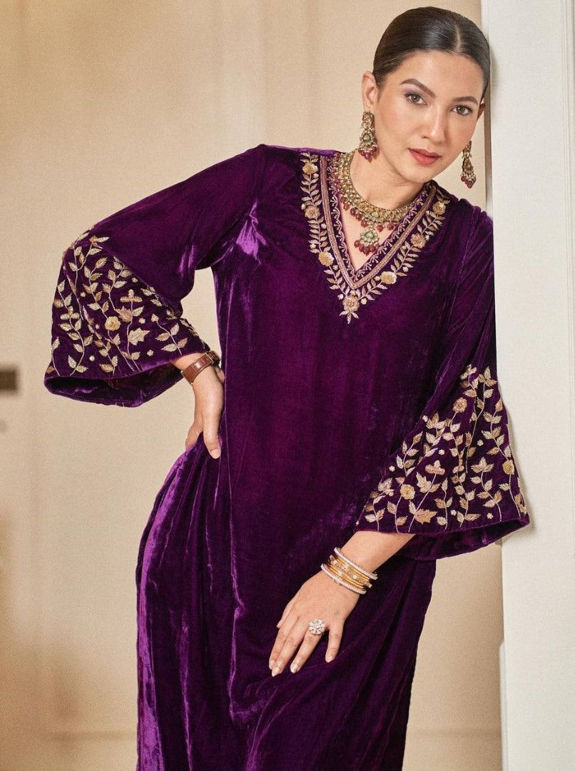 Purple velvet embroidery worked plazzo suit