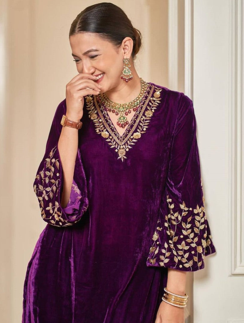 Purple velvet embroidery worked plazzo suit