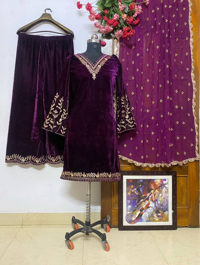 Purple velvet embroidery worked plazzo suit