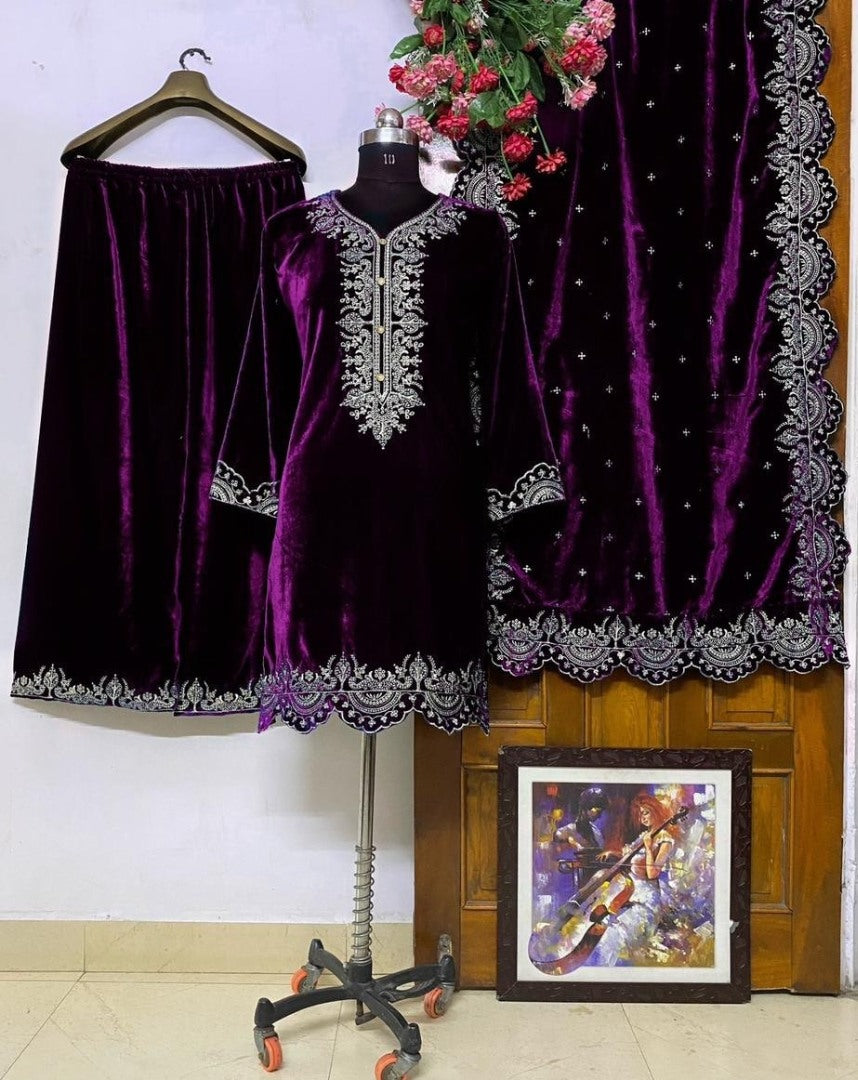 Purple velvet partywear plazzo suit