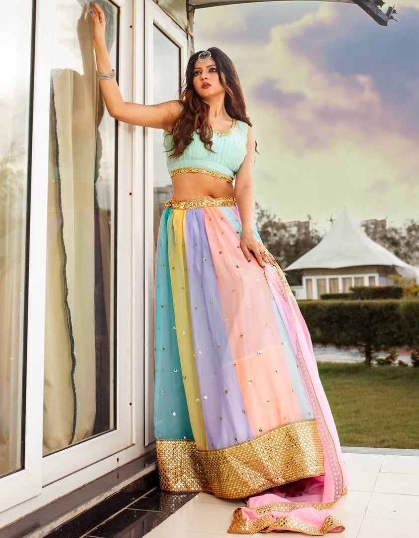 Rainbow georgette sequins work paper mirror lehenga choli from ceremony