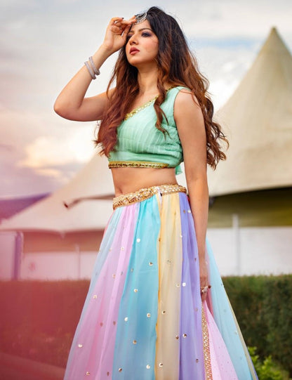 Rainbow georgette sequins work paper mirror lehenga choli from ceremony