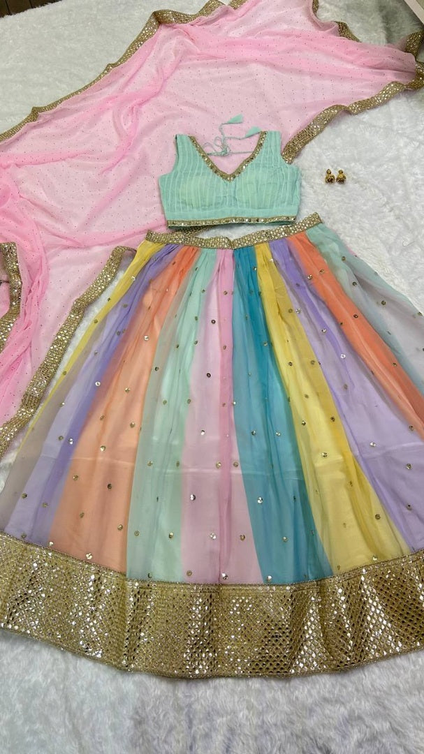 Rainbow georgette sequins work paper mirror lehenga choli from ceremony