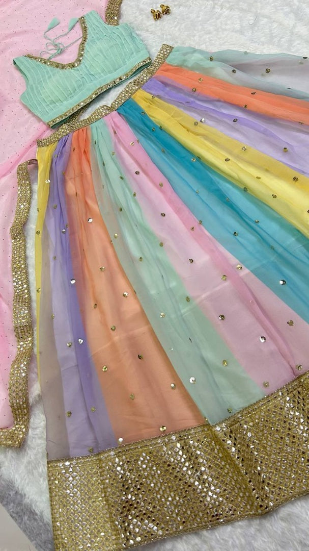 Rainbow georgette sequins work paper mirror lehenga choli from ceremony