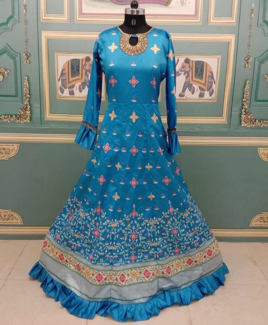 Rama blue dull satin digital printed gown