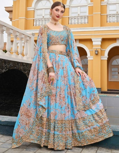 Rama blue organza heavy embroidered sequence work wedding lehenga choli