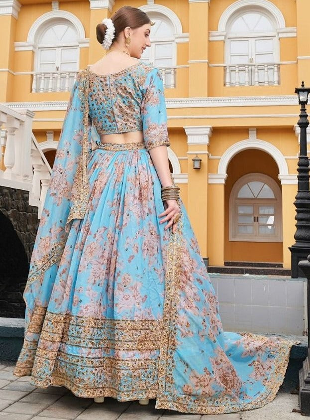 Rama blue organza heavy embroidered sequence work wedding lehenga choli