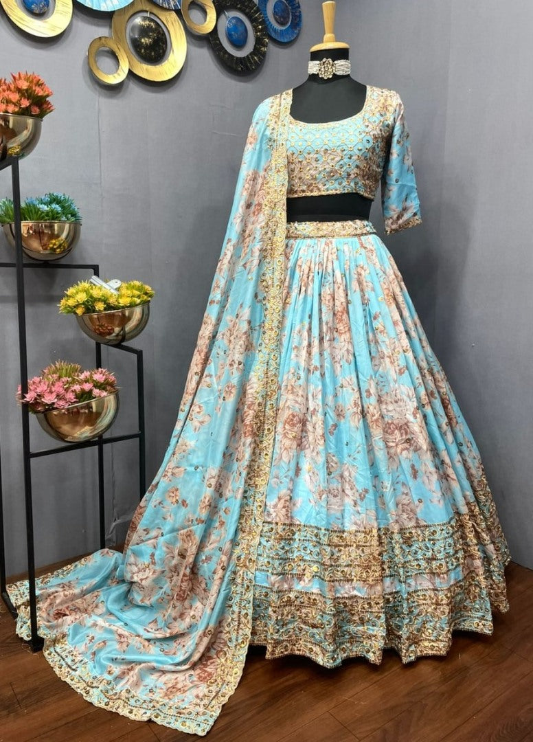 Rama blue organza heavy embroidered sequence work wedding lehenga choli