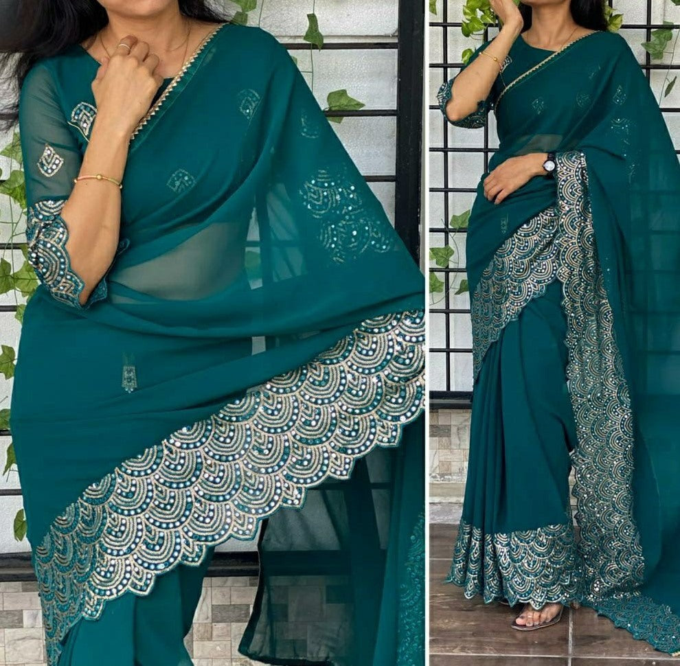 Rama chinon silk sequence and thread work party wear saree