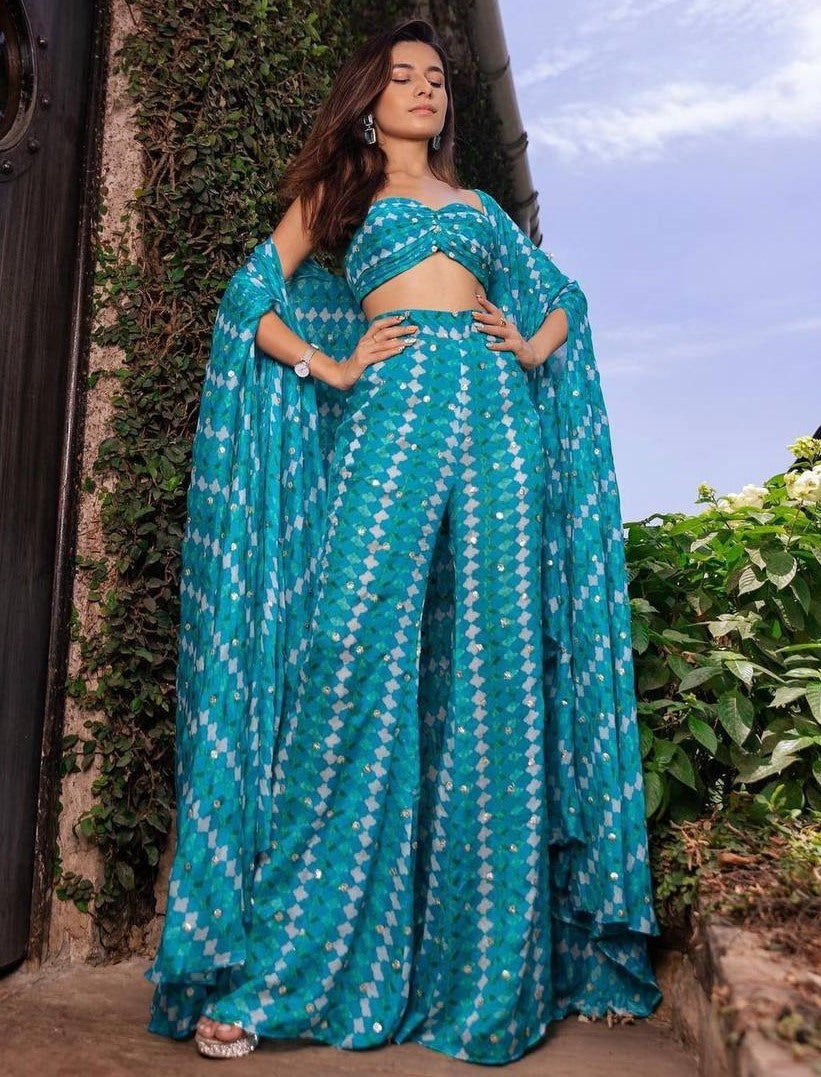 Rama printed crepe silk indowestern palazzo suit with shrug koti