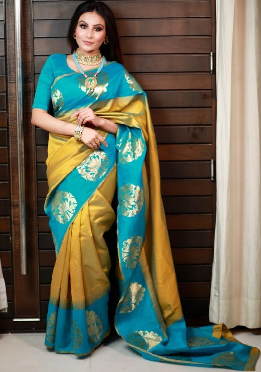 Rama soft lichi golden jacquard weaving work ceremonial saree