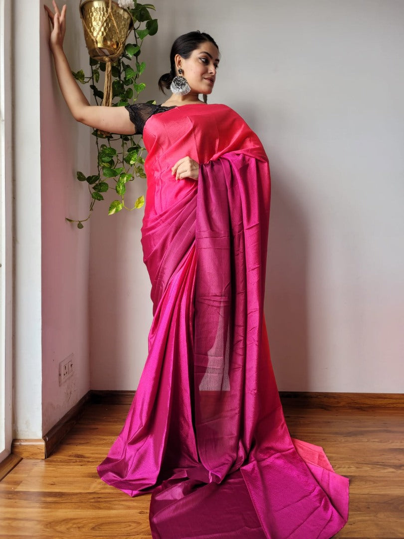 Rani pink chinon silk ready to wear one minute partywear saree