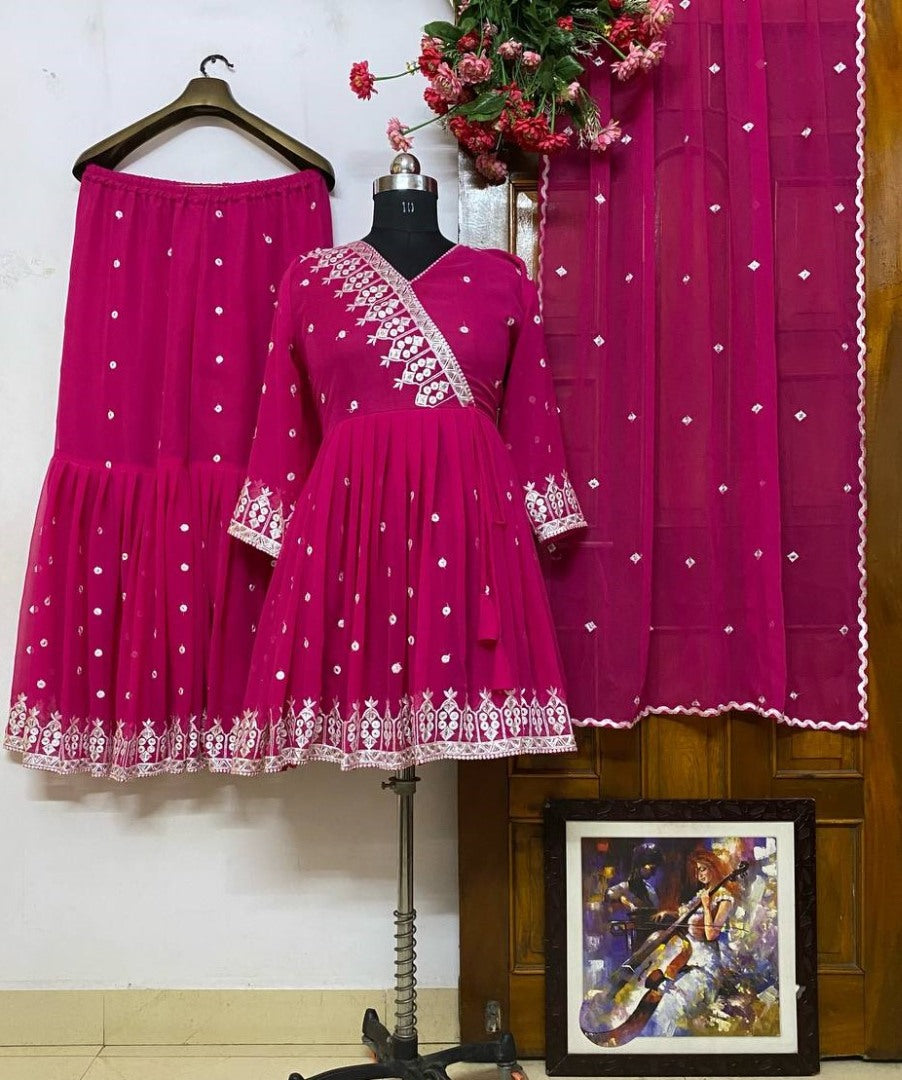Rani pink embroidery work sharara suit