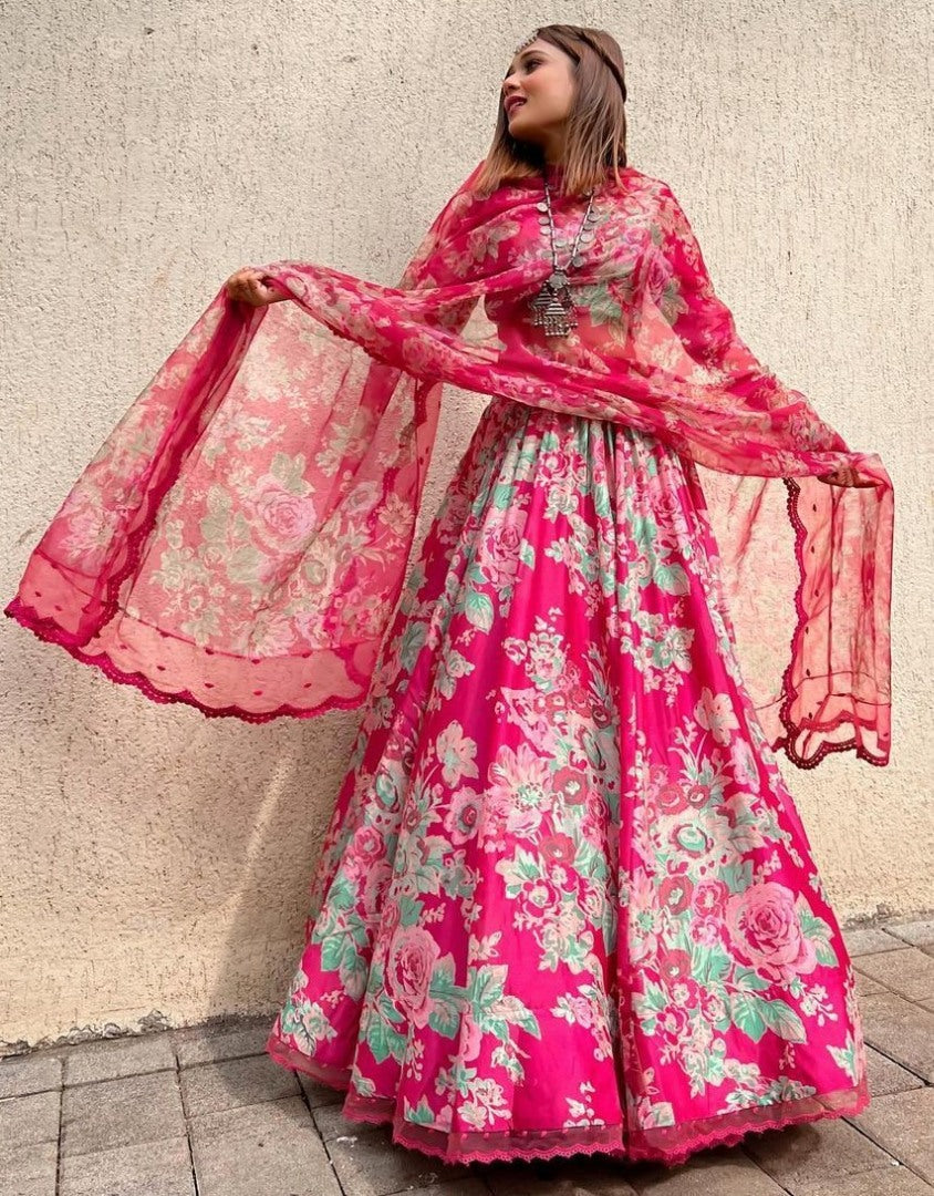 Rani pink organza floral printed lehenga choli