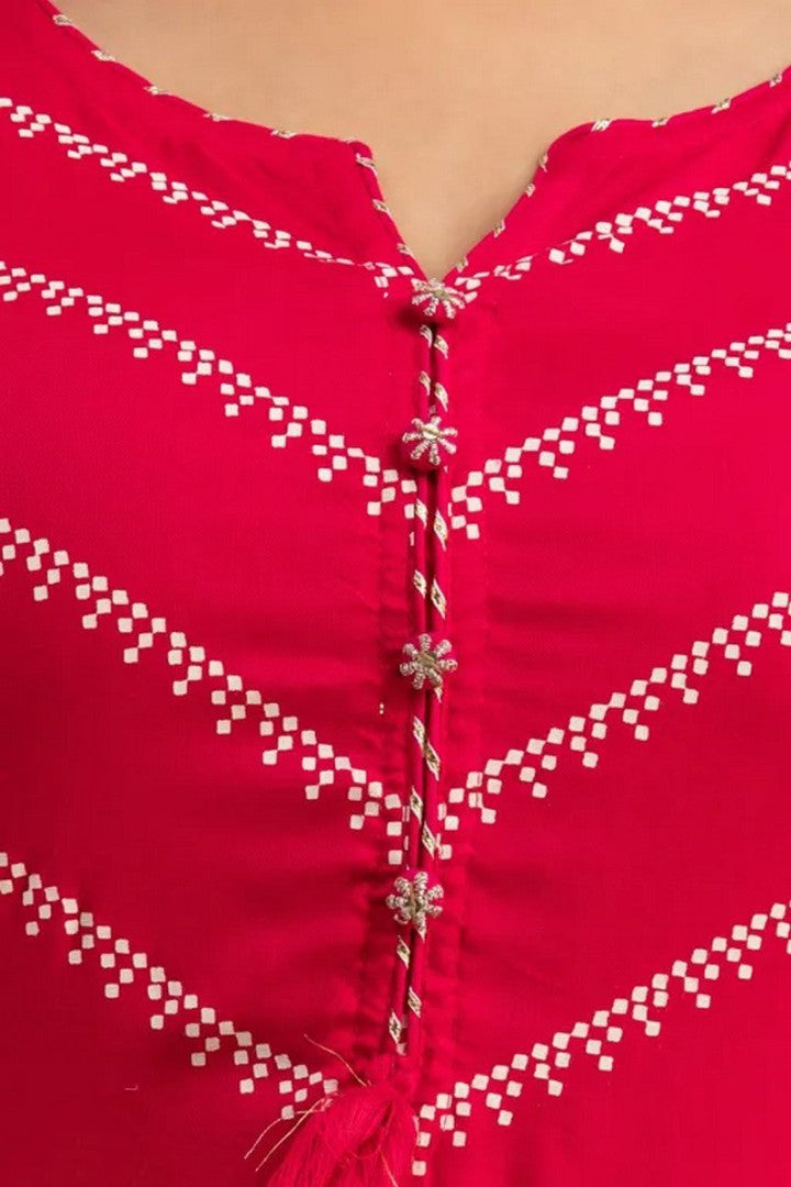Rani pink Rayon Button Lehriya Printed Straight Kurti