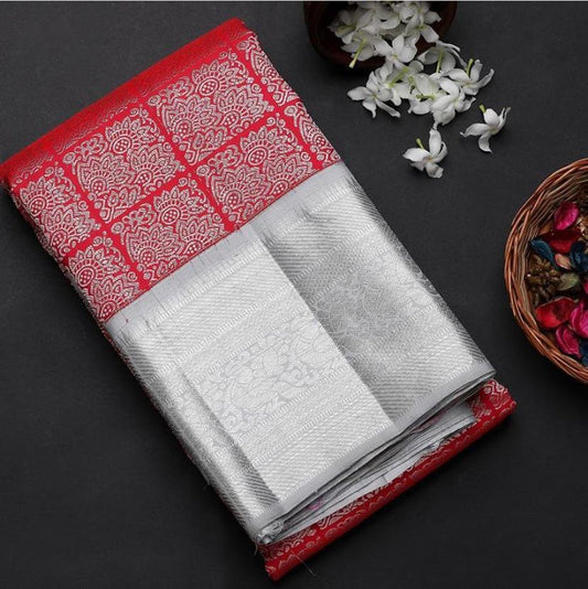 Red and grey banarasi silk jacquard designer saree
