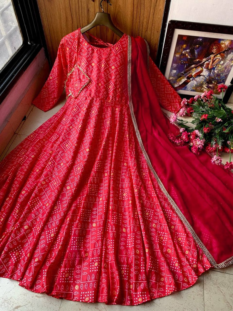 Red bandhni printed long anarkali suit