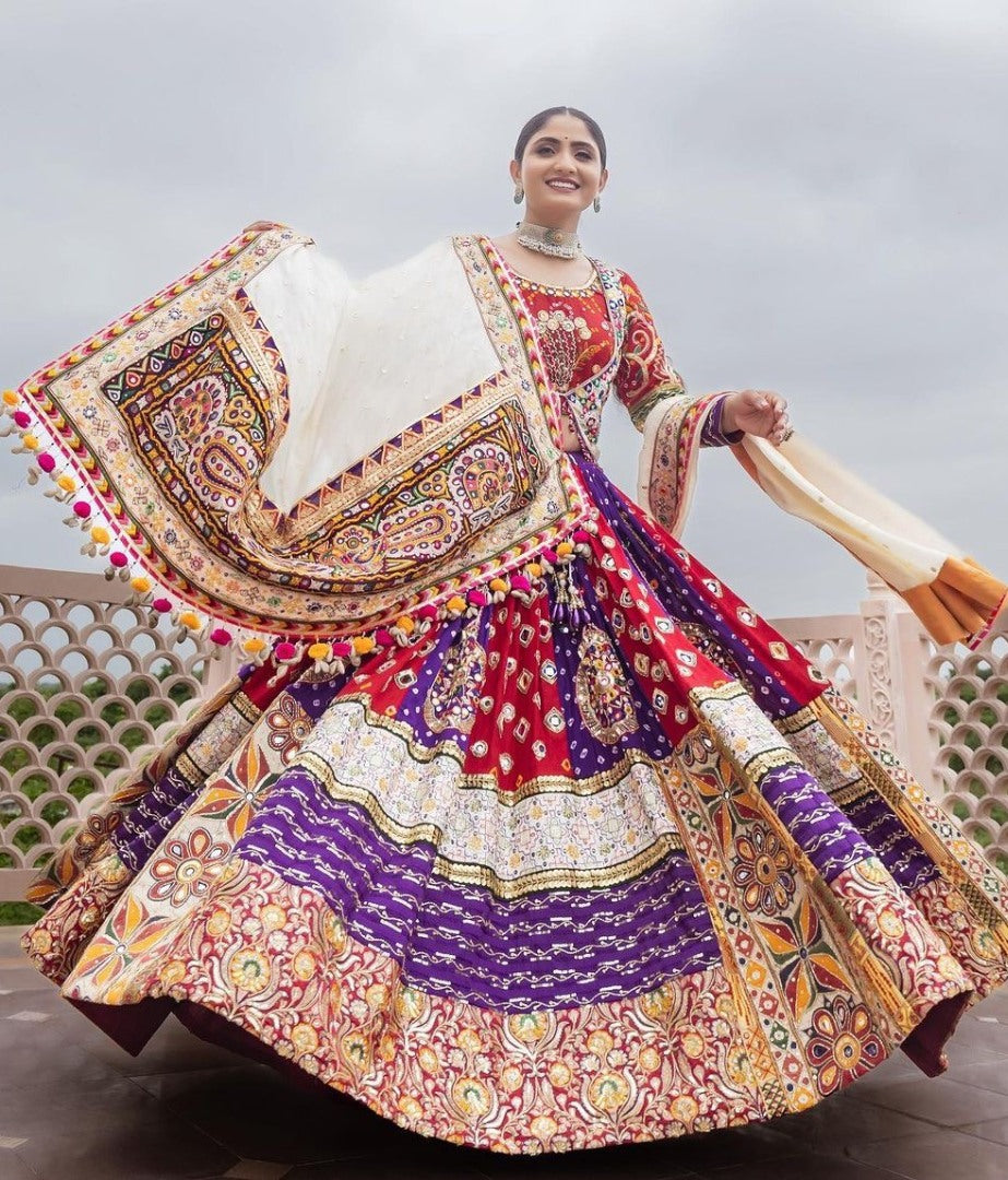 Red blue cotton print mirror work gujarati garba navratri lehenga chaniya choli