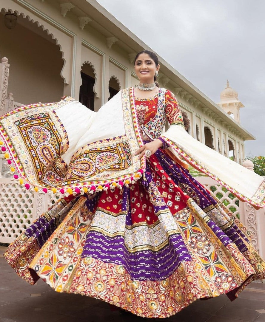 Red blue cotton print mirror work gujarati garba navratri lehenga chaniya choli