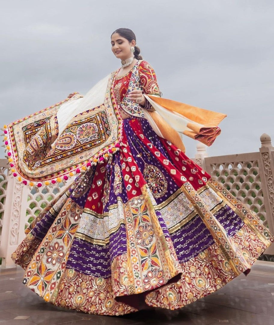 Red blue cotton print mirror work gujarati garba navratri lehenga chaniya choli