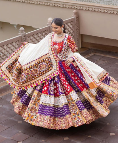 Red blue cotton print mirror work gujarati garba navratri lehenga chaniya choli