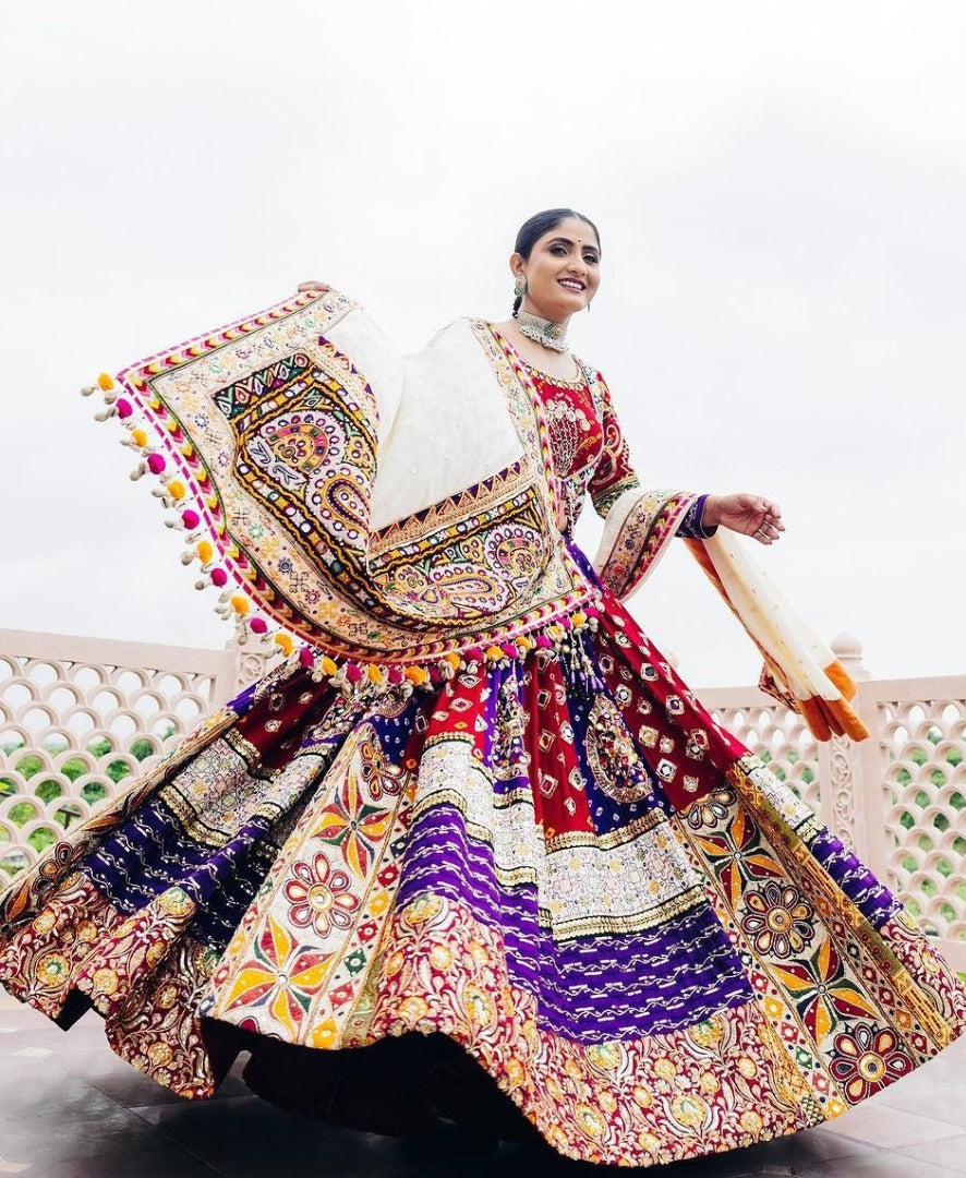 Red blue cotton print mirror work gujarati garba navratri lehenga chaniya choli