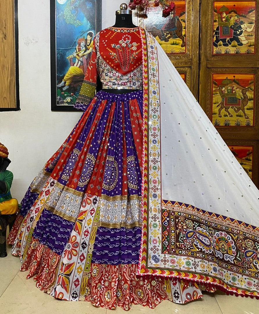 Red blue cotton print mirror work gujarati garba navratri lehenga chaniya choli